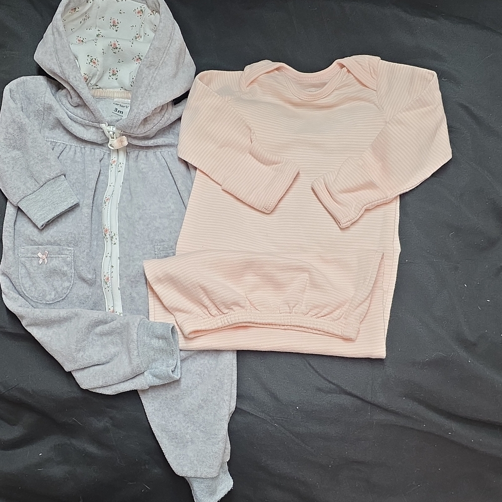 Carter's Gray Hooded Romper with Pink Floral Lining